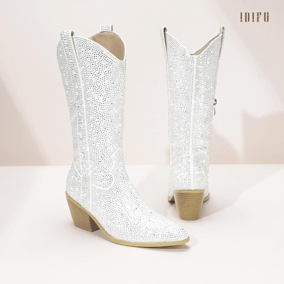 🆕Women White Rhinestone Manmade Material Mid Calf Cowgirl Pointed Toe Boots - Picture 7 of 8